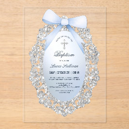 Invitaciones Acrílicas Baptismo de armazón azul de Purpurina plateado