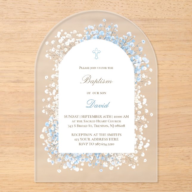Invitaciones Acrílicas Baptismo de bebé bebe azul blanco (Anverso)