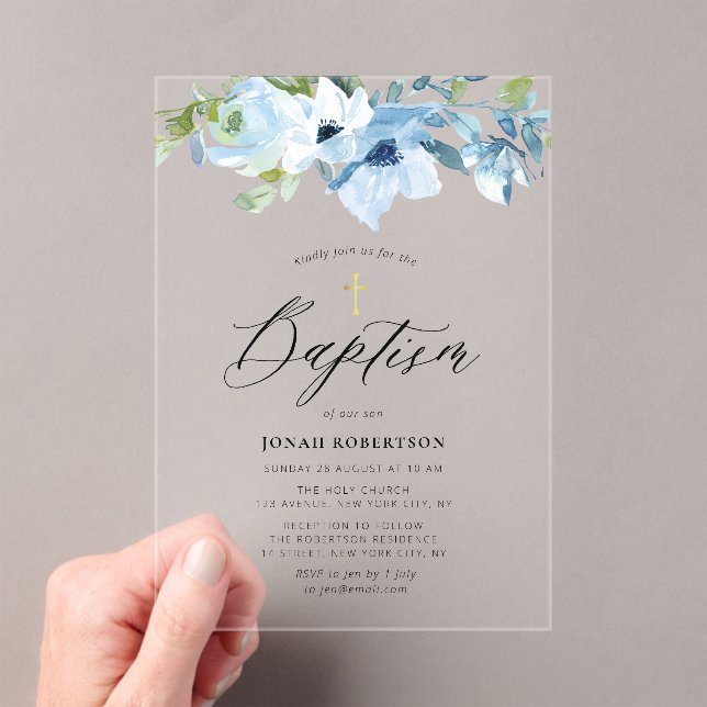 Invitaciones Acrílicas Baptismo de bebé con flores azules (Insitu (portátil))