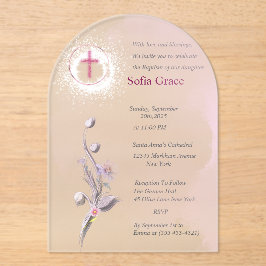 Invitaciones Acrílicas Baptismo De Cruz Rosa Suave Y Chica Floral Invitta