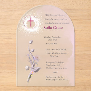 Invitaciones Acrílicas Baptismo De Cruz Rosa Suave Y Chica Floral Invitta