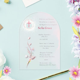 Invitaciones Acrílicas Baptismo De Cruz Rosa Suave Y Chica Floral Invitta