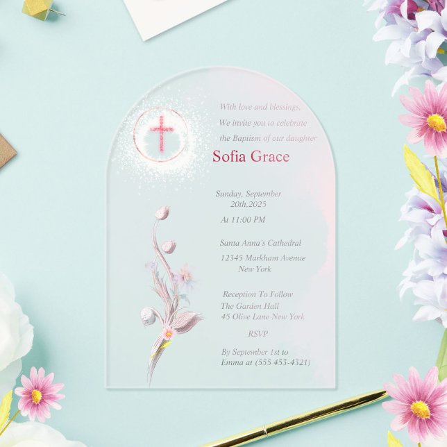Invitaciones Acrílicas Baptismo De Cruz Rosa Suave Y Chica Floral Invitta (Subido por el creador)