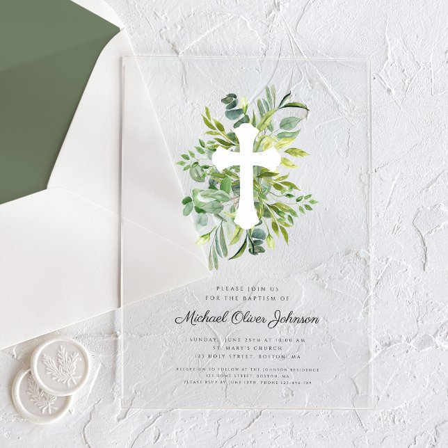 Invitaciones Acrílicas Baptismo de la Cruz Religiosa Botánica Moderna (Modern Botanical Religious Cross Baptism Acrylic Invitations)