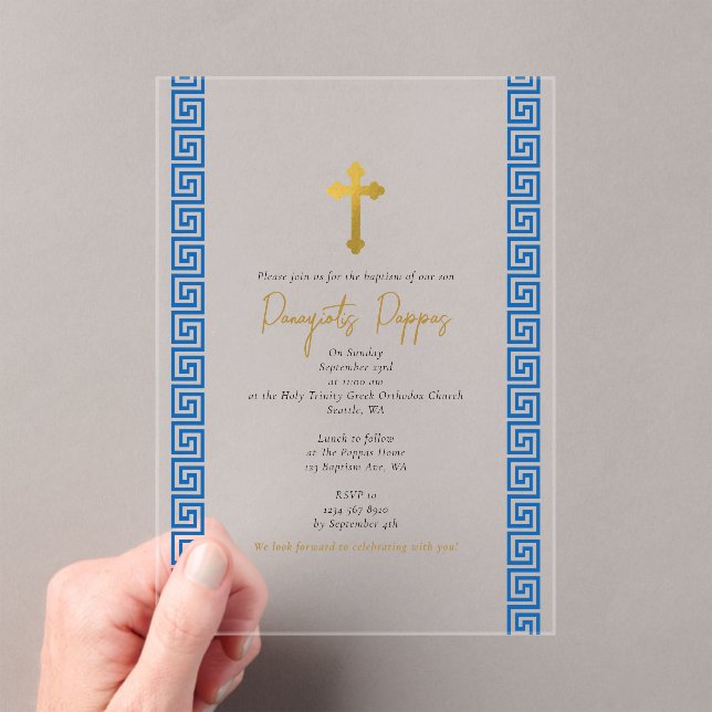 Invitaciones Acrílicas Baptismo de niño cristiano ortodoxo clave griega a (Insitu (portátil))