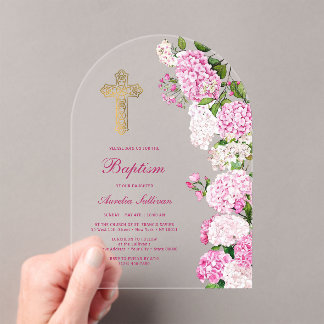 Invitaciones Acrílicas Baptismo del Arco Hidránico Rosa