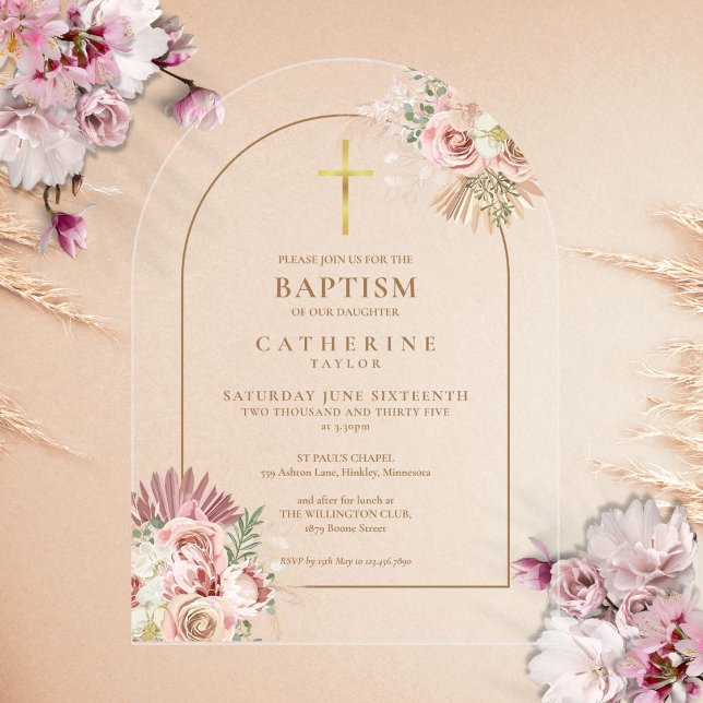 Invitaciones Acrílicas Baptismo del Chica floral de gramo Gold Arch Pampa (Gold Arch Pampas Grass Floral Girl Baptism Acrylic Invitations)