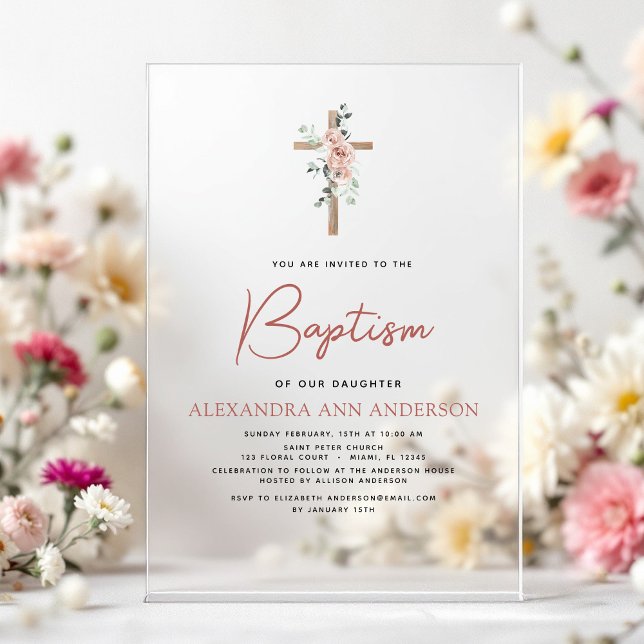 Invitaciones Acrílicas Baptismo Dusty Pink Rose Greeneration Eucalyptus (Subido por el creador)