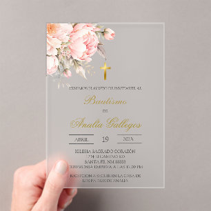Invitaciones Acrílicas Baptismo español floral acrílico claro