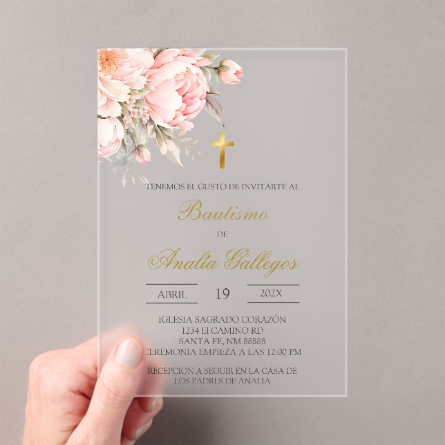Invitaciones Acrílicas Baptismo español floral acrílico claro (Insitu (portátil))