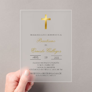 Invitaciones Acrílicas Baptismo español floral acrílico claro