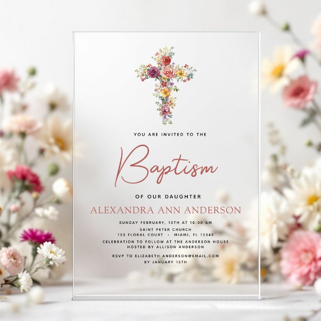 Invitaciones Acrílicas Baptismo Flor silvestre Dusty Pink Rose Greenerati (Subido por el creador)