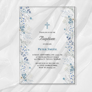 Invitaciones Acrílicas Baptismo flores de color azul