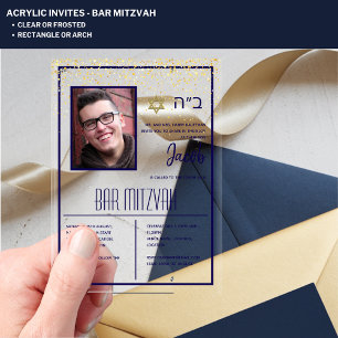 Invitaciones Acrílicas BAR ACRÍLICO MITZVAH Foto Naval Oro Moderno Elegan