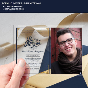 Invitaciones Acrílicas BAR ACRÍLICO MITZVAH Foto Oro Azul Elegante