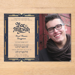 Invitaciones Acrílicas BAR ACRÍLICO MITZVAH Foto Oro Azul Elegante