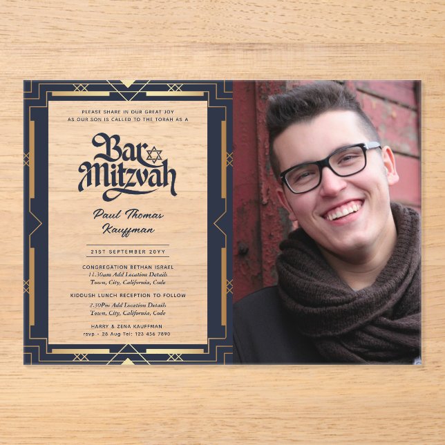 Invitaciones Acrílicas BAR ACRÍLICO MITZVAH Foto Oro Azul Elegante (Anverso)