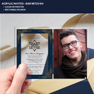 Invitaciones Acrílicas BAR ACRÍLICO MITZVAH Foto Oro Azul Elegante Modern
