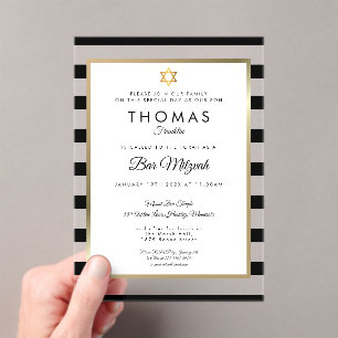 Invitaciones Acrílicas Bar Mitzvah clásico moderno con franja negra y dor