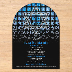 Invitaciones Acrílicas Bar Mitzvah de videojuegos azul negro