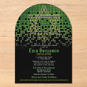 Invitaciones Acrílicas Bar Mitzvah de videojuegos negro verde
