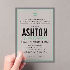 Invitaciones Acrílicas BAR MITZVAH modern star boy sporty green gray