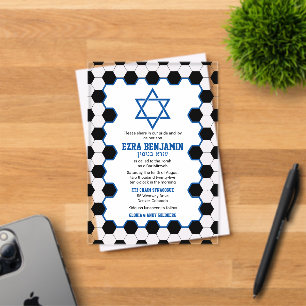 Invitaciones Acrílicas Bar Mitzvah pelota de fútbol azul negro blanco