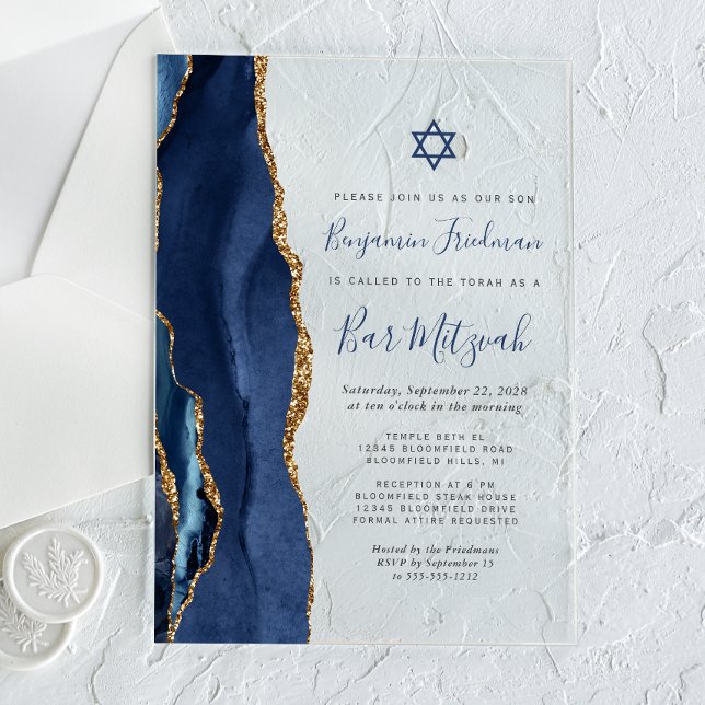 Invitaciones Acrílicas Bar Navy Blue Gold Agate Mitzvah (Subido por el creador)
