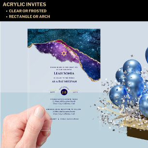 Invitaciones Acrílicas BAR transparente acrílico MITZVAH Galaxy Starry Ni