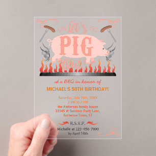 Invitaciones Acrílicas Barbacoa BBQ Funny Pig Summer Birday Party