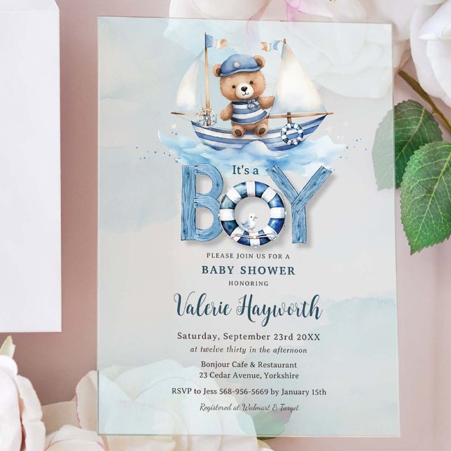 Invitaciones Acrílicas Barco azul cúbico Teddy Bear Boy Baby Shower (Subido por el creador)