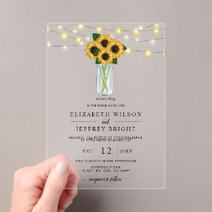 Invitaciones Acrílicas Barn Wood String ilumina a Sunflowers Boda