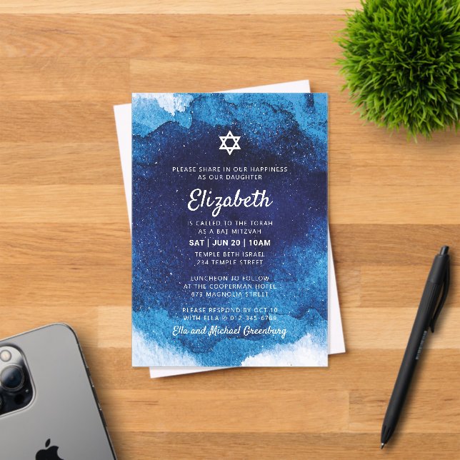 Invitaciones Acrílicas Bat Mitzvah acuarela azul moderna (Insitu (Tarjeta de Invitación))