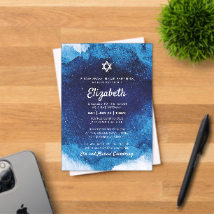 Invitaciones Acrílicas Bat Mitzvah Moderno Acuarela Azul