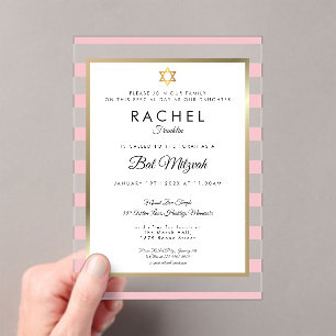 Invitaciones Acrílicas Bat Mitzvah Raya Rosa Estrella de David Dorada