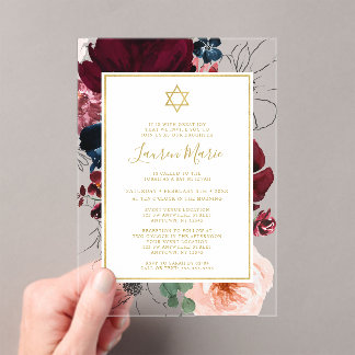 Invitaciones Acrílicas Batalla floral azul de la Marina de Borgoña Mitzva