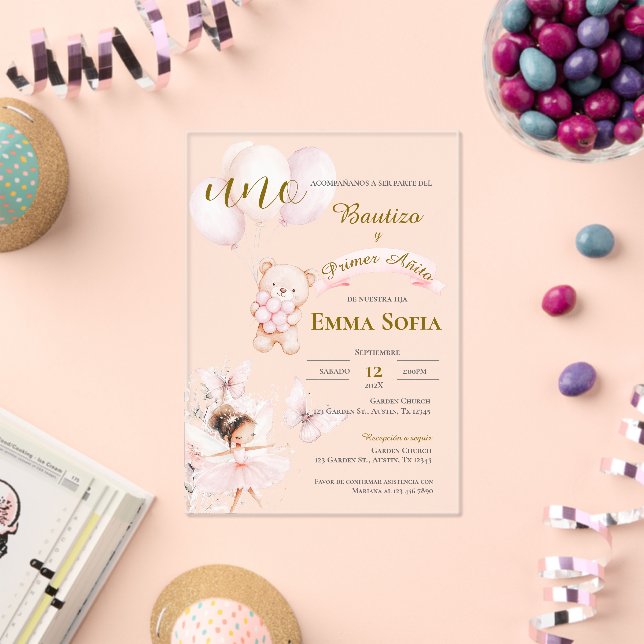 Invitaciones Acrílicas Bautismo acrílico y español de primer año (Insitu (Celebración))
