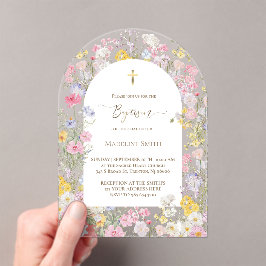 Invitaciones Acrílicas Bautismo acuarela flores de prado