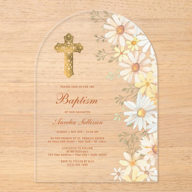 Invitaciones Acrílicas Bautismo arca de Daisies (Anverso)