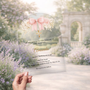 Invitaciones Acrílicas Bautismo Arco Cruz Neutros Florales Rosado Rubor