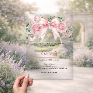 Invitaciones Acrílicas Bautismo Arco Rosado Flores Niña Cruz Premium