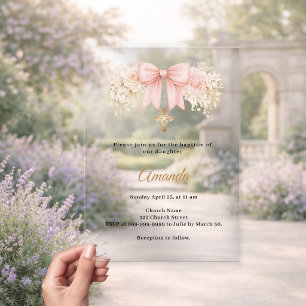 Invitaciones Acrílicas Bautismo Arco Rubor Rosado Florales Neutros Cruz