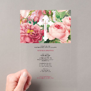 Invitaciones Acrílicas Bautismo Bautizo de Niña Rosas Rosadas