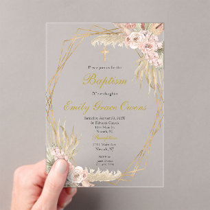 Invitaciones Acrílicas Bautismo boho rosa acrílico