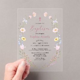 Invitaciones Acrílicas Bautismo Chica Floral Boho Wildflower