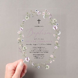 Invitaciones Acrílicas Bautismo Chica Floral Púrpura
