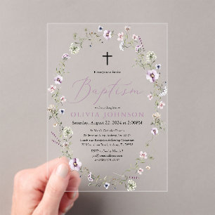 Invitaciones Acrílicas Bautismo Chica Floral Púrpura