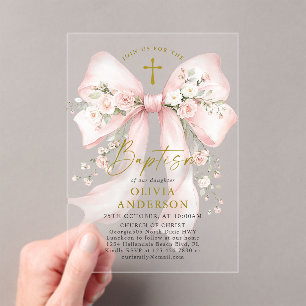Invitaciones Acrílicas Bautismo Cristiano de Niña Elegante Rosa Floral