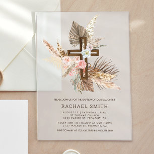 Invitaciones Acrílicas Bautismo Cruz de Madera Floral Boho Pampas