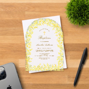 Invitaciones Acrílicas Bautismo de arco de mimosa